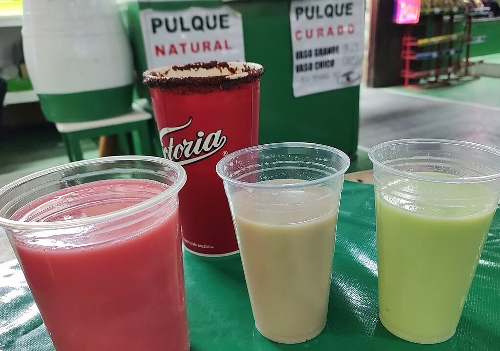 A variety of pulque drinks served at a fair in Tlaxcala. Natural pulque and curado options in colorful cups.