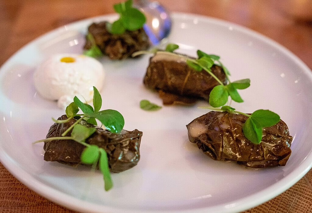 Greek dolmades (stuffed grape leaves) served with herbs and a side of yogurt sauce on a white plate in a traditional Greek restaurant.