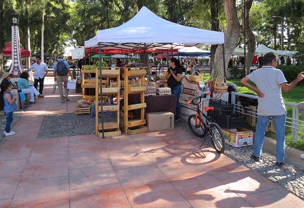 Vibrant Tianguis market in Mexico with wooden crates, colorful products, and local vendors selling fresh fruits and goods.