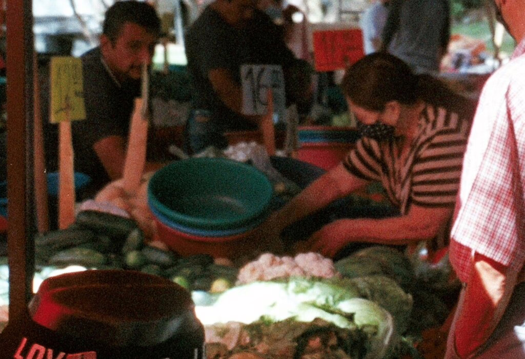 People shopping at a vibrant tianguis, Mexico's traditional open-air market filled with fresh vegetables and local produce.