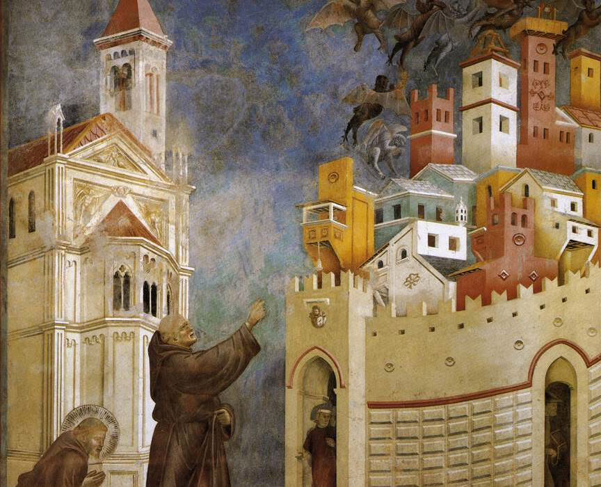 Detail of Giotto's fresco showing St. Francis in front of a city, a representation of spiritual warfare and divine intervention, captured in the Basilica of St. Francis of Assisi