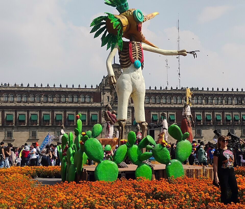 Day of the Dead celebration at Mexico City’s Zócalo surrounded by cempasúchil flowers